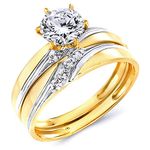 Ladies 14k Yellow Gold Engagement Ring and Wedding Band Bridal Set, Gold, Cubic Zirconia