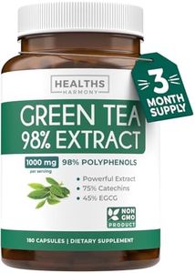 Green Tea Extract Capsules 98% with EGCG - 180 Count (Non-GMO) for Natural Metabolism Boost - Leaf Polyphenol Catechins - Antioxidant Supplement - Green Tea Pills - 1000mg (500mg per Capsule)