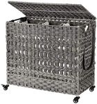 SONGMICS Laundry Hamper with Lid, 140L Synthetic Rattan Laundry Basket with Wheels, Clothes Hamper with 3 Removable Liner Bags, 3-Section Hampers with Handles, Laundry Room, Gray ULCB083G02