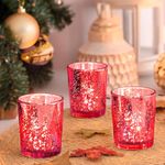 CRAFTSLANE Votive Glass Tealight Candle Holders Set of 3, Diya Diwali Decorations Items for Dining Table, Home Decor and Gifts, Decoration Lights Centerpieces for Wedding Party Decoration (Red)