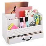 BELLE VOUS White Wood Desk Organiser with Storage Drawer - Desktop/Counter Organiser for Mail, Office Supplies, Pen/Pencil, Stationery, Desk Accessories & More - Home Letter/File Tray Holder