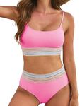 Bsubseach Two Pieces Bikini Bathing Suits High Waisted Swimsuit Sets Striped Patchwork Spaghetti Strap Tape Swimsuit Pink