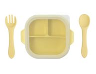 SPY KIDS® Divided Silicon Bowl with Transparent Lid | Premium Food Grade Soft Silicone Baby Bowl with Suction, Soft Silicone Trainer Spoon and Fork, Kids’ Tableware (Yellow)