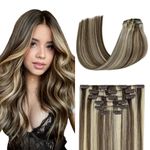 Medium Brown to Bleach Blonde Highlights Clip in Hair Extensions 70G 100% Remy Human Hair Extensions 7pcs 16clips for Women(18Inch #4P613)