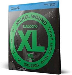 D'Addario Electric Bass Guitar Strings, XL Nickel, EXL220S, Super Light Gauge 40-95, Short Scale, 4-String Set, Pack of 1