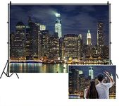 New York City Night View Photo Backdrop,Yeele 5x3ft American City Landscape Famous Landmark Riverside Brightly Lit Skyscraper Sightseeing Boat Background,Portrait Photo Shoot Studio Props Wallpaper