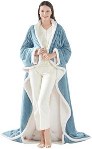 Sealy Electric Blanket Wearable with Foot Pocket, Electric Snuggle Blanket with Sleeves, Flannel & Sherpa Heating Throw with 6 Heat Settings & 2-10 Hours Auto Shut Off, 50 * 70"+18", Light Blue