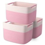 MicroIdeas Woven Organizing Baskets, Pastel Toy Storage Bin, decoration Cotton Rope Basket for Nursery, Closet，Book Shelf，Soft Storage Cube Organizer for Kids，Girls - Pack of 3，Pink