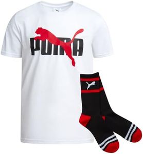 PUMA Boys T-Shirt - 2 Piece Casual Crewneck Short Sleeve Athletic Graphic Tee Shirts for Boys with Matching Socks (S-XL), Size Medium, White/Red