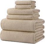 POLYTE 430 GSM Microfiber Quick Dry Lint Free Oversize Bath Towel Set, 6 Piece (Waffle Weave)