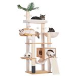 Hebly Wood Cat Tree for Indoor Cats, Cat Condo for Large Cats,Modern Cat Scratching Tower with Basket,Hammock,Dangling Ball and Leaves,Walnut HCT120WB