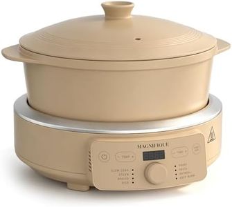 MAGNIFIQUE Slow Cooker, 4.5 Quart 8-in-1 Clay Pot Multi-Cooker, Non-Toxic Slow Cooker with Removable Clay Pot, for Rice, Pasta, Steam & Proof, Nonstick, Oven Safe Pot to 500°F, Brown