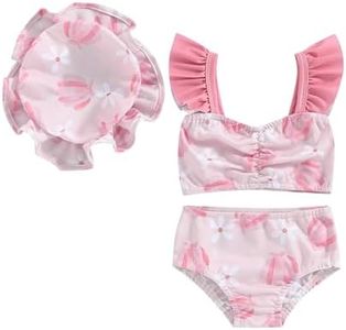 Toddler Baby Girl Swimsuit Infant Bathing Suit Bikini Sets Swimwear Fly Sleeve Summer 3 Piece Set, Pink Flower, 6-12 Months