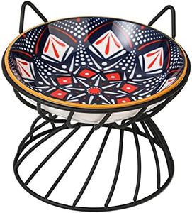 Raised Ceramic Cat Food Bowl - Elevated Cat Dish with Metal Stand - Wide, Shallow, Whisker-Friendly - Microwave & Dishwasher Safe - 8.5 oz - 5.75 inch