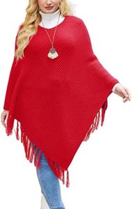 IN'VOLAND Women's Plus Size Knitted Shawl Poncho with Fringed Capelet V-Neck Striped Sweater Pullover Cape Red