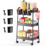 PKBD 3-Tier Storage Trolley on Wheels, Metal Rolling Trolley Cart with Lockable Wheels & 3 Hanging Baskets & 3 Hooks, Tools-free Easy Assembly, for Bathroom, Kitchen, Office, Workshop, Beauty, Black