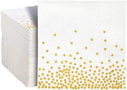 Juvale 100 Pack Disposable White and Gold Paper Cocktail Napkins for Wedding Reception, Polka Dot Party Supplies (5 x 5 In)