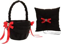 2Pcs Wedding Supplies Set Black and Red Satin Flower Girl Basket + Ring Bearer Pillow for Bridal Wedding Shower Ceremony Anniversary Celebrations Party Decorations Wedding Accessories (B)