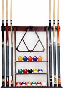 Iszy Billiards Pool Cue Rack - Billiard Pool Stick and Ball Holder Only - 100% Wood Wall Mount Holds 6 Cues and 16 Balls - Pool Table Accessories, Mahogany