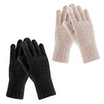 2 Pairs Women's Winter Gloves Thermal Warm Lining -Elastic Cuff Cozy Thick Touchscreen Texting Knit Gloves (Black/Beige)