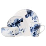 Safdie & Co. Midnight Rose 16 Piece Dinnerware Set, Service for 4, Fiesta Dinnerware, Home Trends and Home Food Network Essentials, White/Blue, 16" L x 12" W x 15" H (HK03715EC)