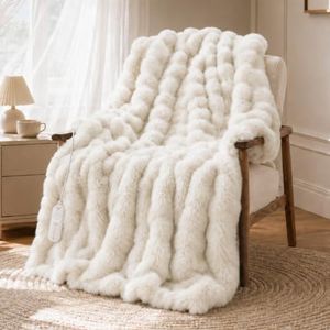 HOMLYNS Heated Blanket Throw, Faux Fur Bubble Electric Blanket, White