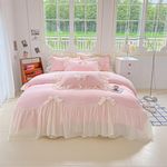 SOUKECHY Girls Lace Bedding,Queen Comforter Cover Set, Chic Ruffled Duvet Cover with Lovely Bow,Princess Style 1 Duvet Cover with 2 Pillowcases, No Comforter-Pink,Queen Size