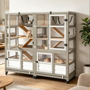 60" L 5-Tier Guinea Pig Cage on Wheels, Expandable Wooden Small Animal Habitat with 8 Doors, Ramp Divider & Pull-Out Trays, Double Connected Cage for Guinea Pigs, Hamsters & Small Pets