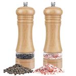 Salt and Pepper Grinder Set of 2, Wooden Salt and Pepper Mill with Adjustable Coarseness Ceramic Rotor & Acrylic Window, Manual Spice Grinders Refillable Salt Shaker for Sea Salt/Chili/Sesame,6.5 Inch