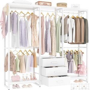 Aheaplus Garment Rack Heavy Duty Clothes Rack for Hanging Clothes,Clothing Rack with Drawers, Wood Stoarge Shelf Freestanding Closet Wardrobe Rack, Corner L Shaped Closet System Organizers, W3,White