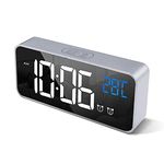 HOMVILLA Digital Alarm Clock with Big LED Temperature Display, Portable Mirror Alarm with Dual Alarm Snooze Time 4 Levels Adjustable Brightness Dimmer 13 Music USB Charging Port for Bedside, Bedroom