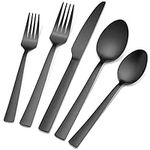 60-Piece Matte Black Silverware Set, E-far Stainless Steel Flatware Set Service for 12, Metal Cutlery Eating Utensils Tableware Includes Forks/Spoons/Knives, Square Edge