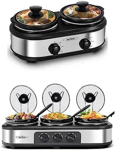 Slow Cookers, Dual and Triple Slow Cooker Buffet Server Multiple Pot Food Warmer, Slow Cooker Buffet Food Warmer Adjustable Temp Lid Rests Stainless Sliver