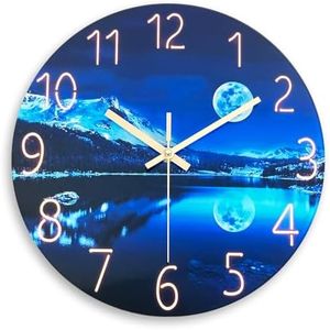 Constantplanet Blue Clocks for Living Room - 14 Inch Analog Wall Clock Battery Operated - Moon Clock for Kitchen Bedroom Office Classroom