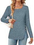 Akiooue Jumpers for Women UK Plus Size, Ladies Long Sleeve Tops Pullover Square Neck Solid Color Knitwear Button Side Longline Winter Females Sweater Blue-XL