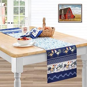 Home Bargains Plus Rectangle Fabric Table Runner, 70” Long, Blue Provence Rooster, Wrinkle, Water and Stain Resistant Country Provence Fabric Table Runner, Farm