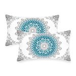 CaliTime Pack of 2 Cozy Fleece Throw Pillow Cases Covers for Couch Bed Sofa Farmhouse Decoration Dahlia Floral Medallion Compass Mandala Style 12 X 20 Inches Teal Grey