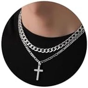 Rajputana Collar De Cruz para Hombre Cadena De Acero Inoxidable para Hombre Collar De Collar De Cadena De Fígaro Cubano En Capas De Cadena De Plata para Hombre Regalos De Joyería Cristiana