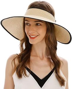 Womens Sun Hat Wide Brim Hats for Women Straw Sun Visors Roll Up Ponytail Beach Hats for Women, Light Beige, One Size