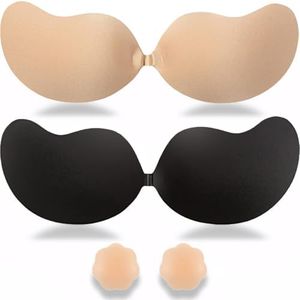 KIETLA Sticky Bra Strapless Adhesive Invisible Push Up Lift Bras 2 Pair Reusable for Women Backless Dress with Nipple Covers Black and Nude