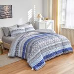 Flysheep Bohemian Striped Bed in a Bag 7 Pieces Queen Size, Boho Blue Grey Geometric Pattern Reversible Bed Comforter Set (1 Comforter, 1 Flat Sheet, 1 Fitted Sheet, 2 Pillow Shams, 2 Pillowcases)