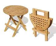 Jati Small Round Wooden Folding Picnic Table - Teak, Chessboard Slats, Delivered Ready-Assembled