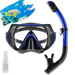 Snorkel Set Adults, Scuba Snorkelling Packages with 180° Panoramic Anti-Fog Tempered Glass Snorkel Mask, Leak Proof Dry Top Snorkel for Snorkeling Diving Swimming with Anti Fog Spray（Blue）