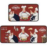 Faptoena Fat Chef Kitchen Rugs and Mats Sets of 2,Red Kitchen Decoration Rugs,Rubber Backing Non-Slip Floor Mat for Sink Washable Waterproof Laundry Room Runner Rugs