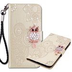 MRSTER iPhone 12 Case, Leather Case with Strap Shiny Flip Wallet Cover Owl Glitter Bling Diamond Case for Apple iPhone 12 / iPhone 12 Pro (6.1 inch) Owl Gold