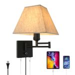 13" Modern Swing Arm Wall Lamp Plug in Wall Sconce with USB and Type-C Port Wall Mounted Lamp with Dimmable Switch Black Wall Sconce Beige Fabric Shade Suitable for Hallway Bedroom Living Room