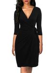 BERYDRESS Women's Classic 3/4 Sleeve V-Neck Sheath Belted Knee-Length Casual Party Work Faux Black Wrap Dress (S, 6083-Black)