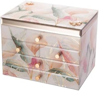 Homruilink High End Glass Jewelry Box for Women, 4 Layer, Pink Floral