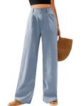 Feiersi Women's Casual Wide Leg Pants High Waisted Long Trousers Button Down Straight Palazzo Pants with Pockets(Light Blue,Small)