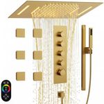 GRANDJOY Thermostatic Shower System with 6 Body Jets, 23" x 15" Ceiling Waterfall Faucet Set with Handheld Sprayer & 64 Led Light, Brushed Gold